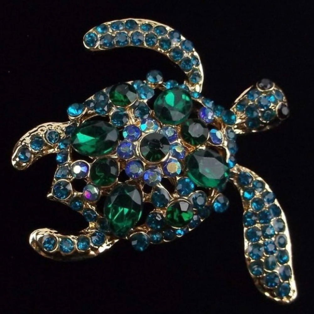 Enameled Rhinestone Sea‎ Turtle Brooch